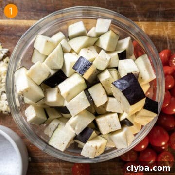 Eggplant chopped in to ½ inch squares.