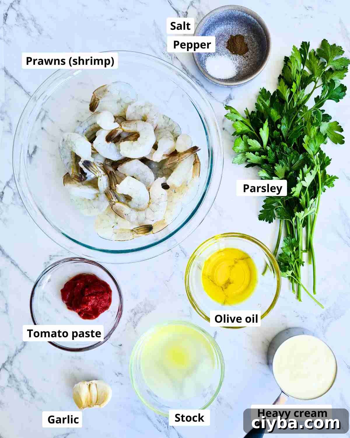 Ingredients required to make creamy garlic shirmp (prawns) with labels