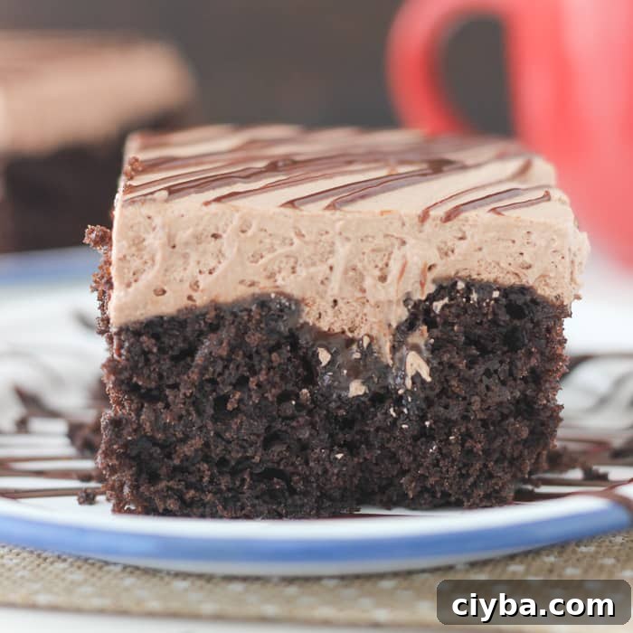 Hot Chocolate Poke Cake: Rich chocolate cake made with hot chocolate, soaked in hot fudge and topped with hot chocolate whipped cream.