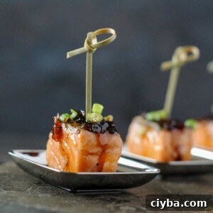 cube of grilled salmon with bourbon glaze.