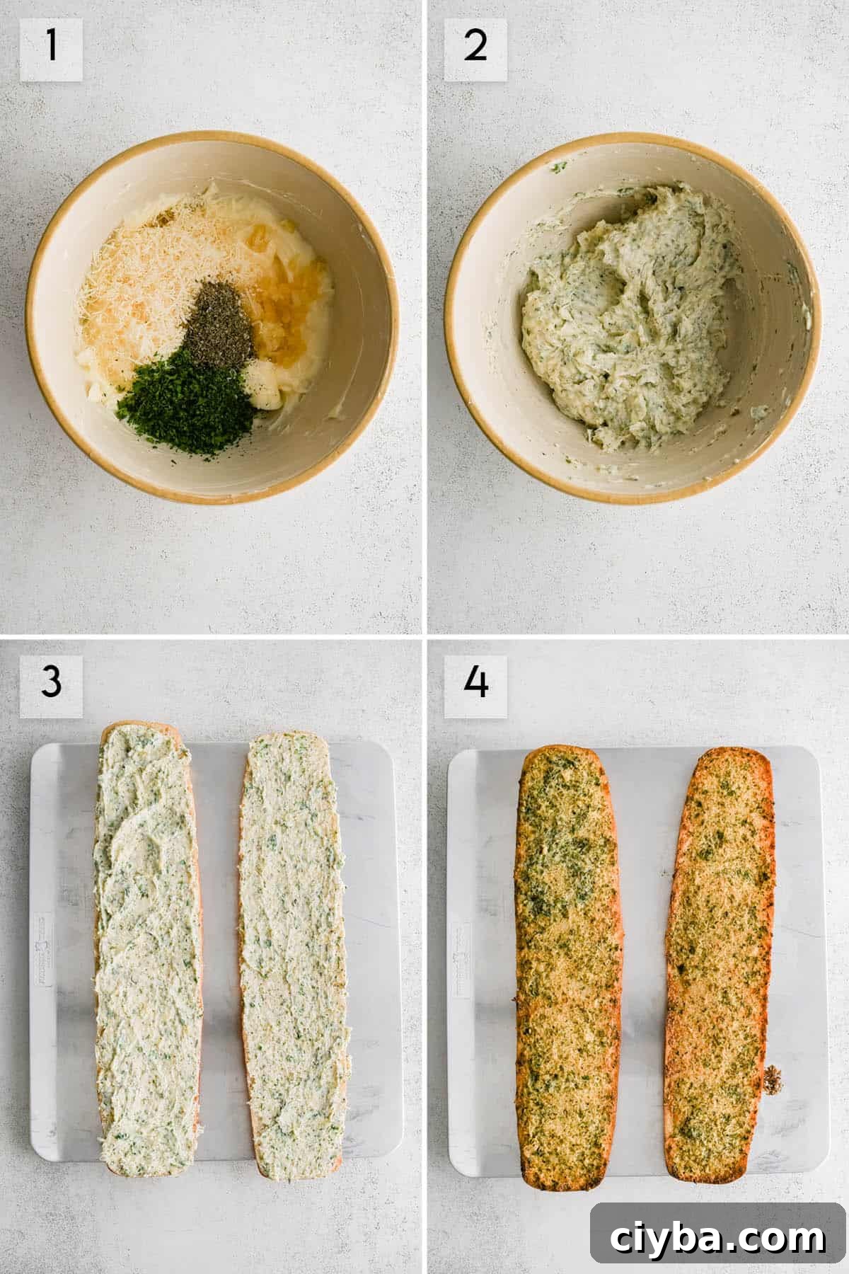 Crispy Garlic Bread Recipe with Herbed Butter 3 four panel collage image showing the different steps of making garlic bread
