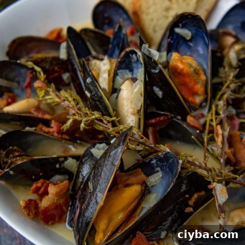 mussels in a cider cream sauce with bacon