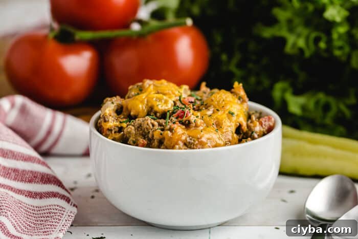 Keto Super Bowl Party Menu: Low-Carb Game Day Recipes 16 keto ground beef cheeseburger casserole in serving dish