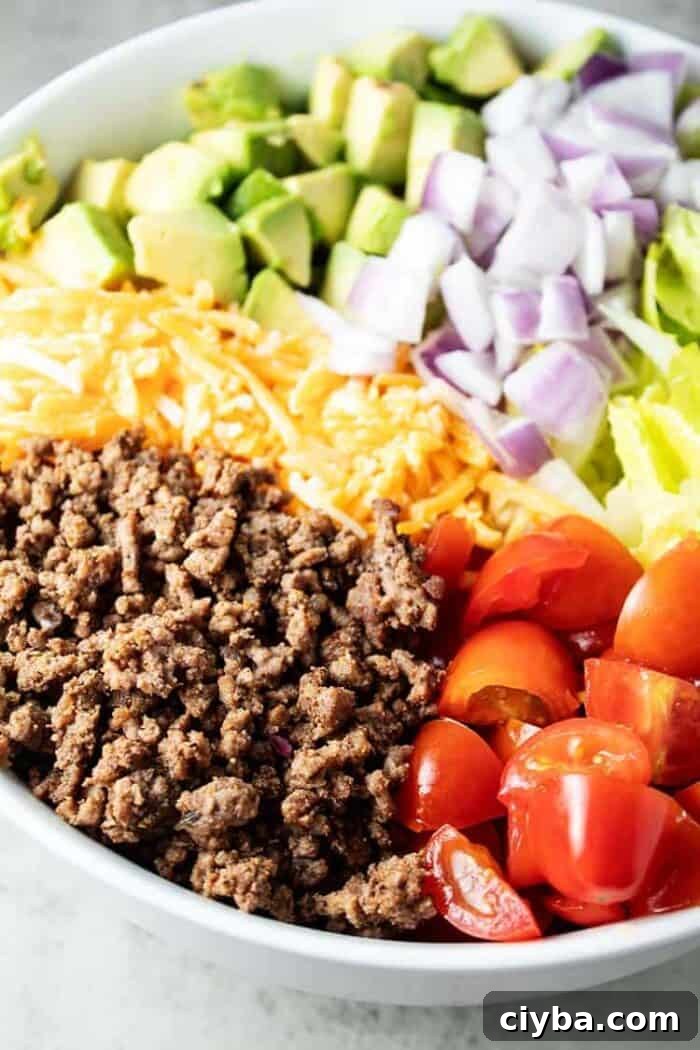 Keto Super Bowl Party Menu: Low-Carb Game Day Recipes 20 closeup of large white bowl of keto taco salad