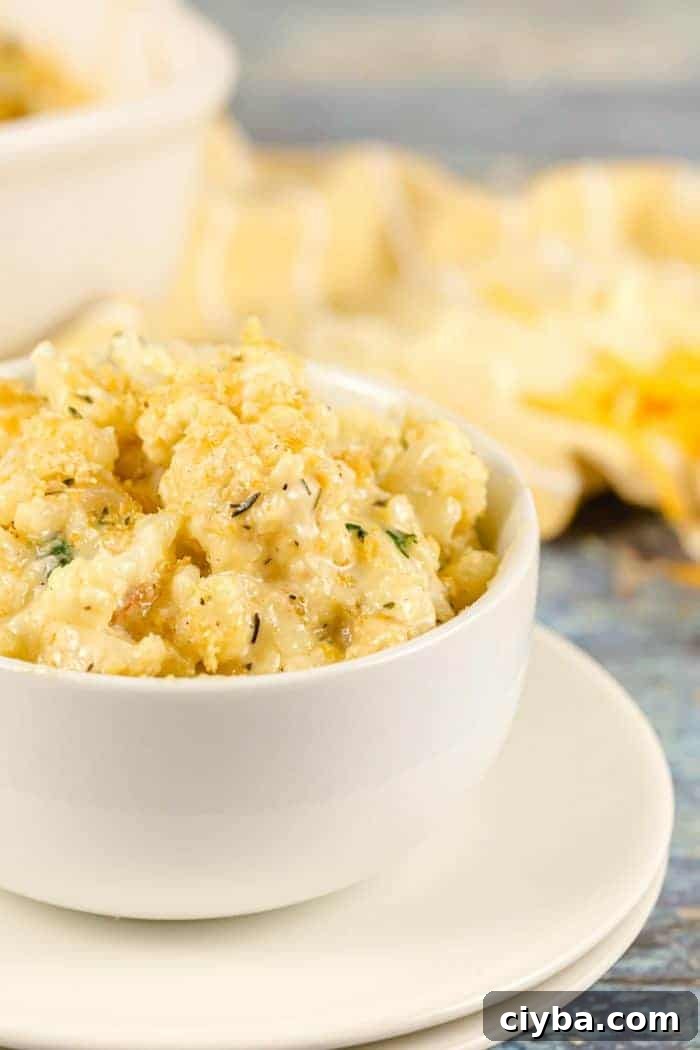 Keto Super Bowl Party Menu: Low-Carb Game Day Recipes 35 bowl containing a serving of keto cauliflower casserole