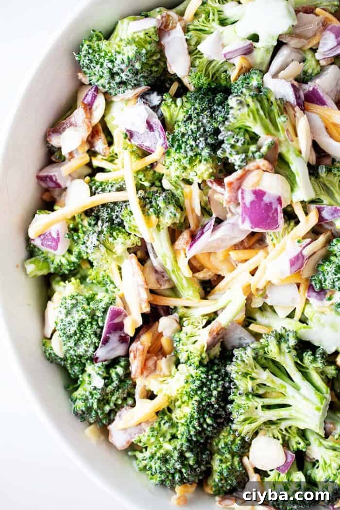 Keto Super Bowl Party Menu: Low-Carb Game Day Recipes 36 overhead view of keto broccoli salad in a white serving bowl