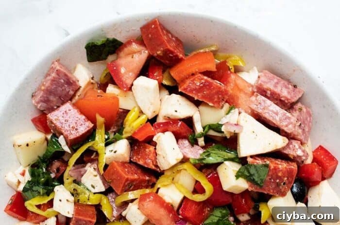 Keto Super Bowl Party Menu: Low-Carb Game Day Recipes 38 closeup of keto anitpasto salad served in a salad bowl