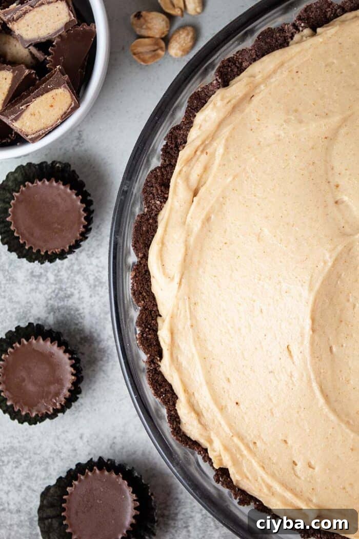 Keto Super Bowl Party Menu: Low-Carb Game Day Recipes 43 overhead view of keto peanut butter pie in a glass pie dish and 3 sugar free reese's mini cups next to it