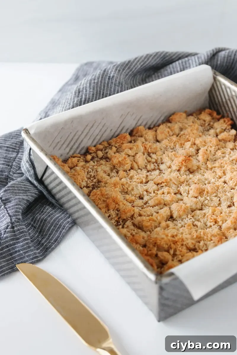 Coconut Peach Crumb Bars Recipe 8 baked peach crumb bars fresh out of the oven
