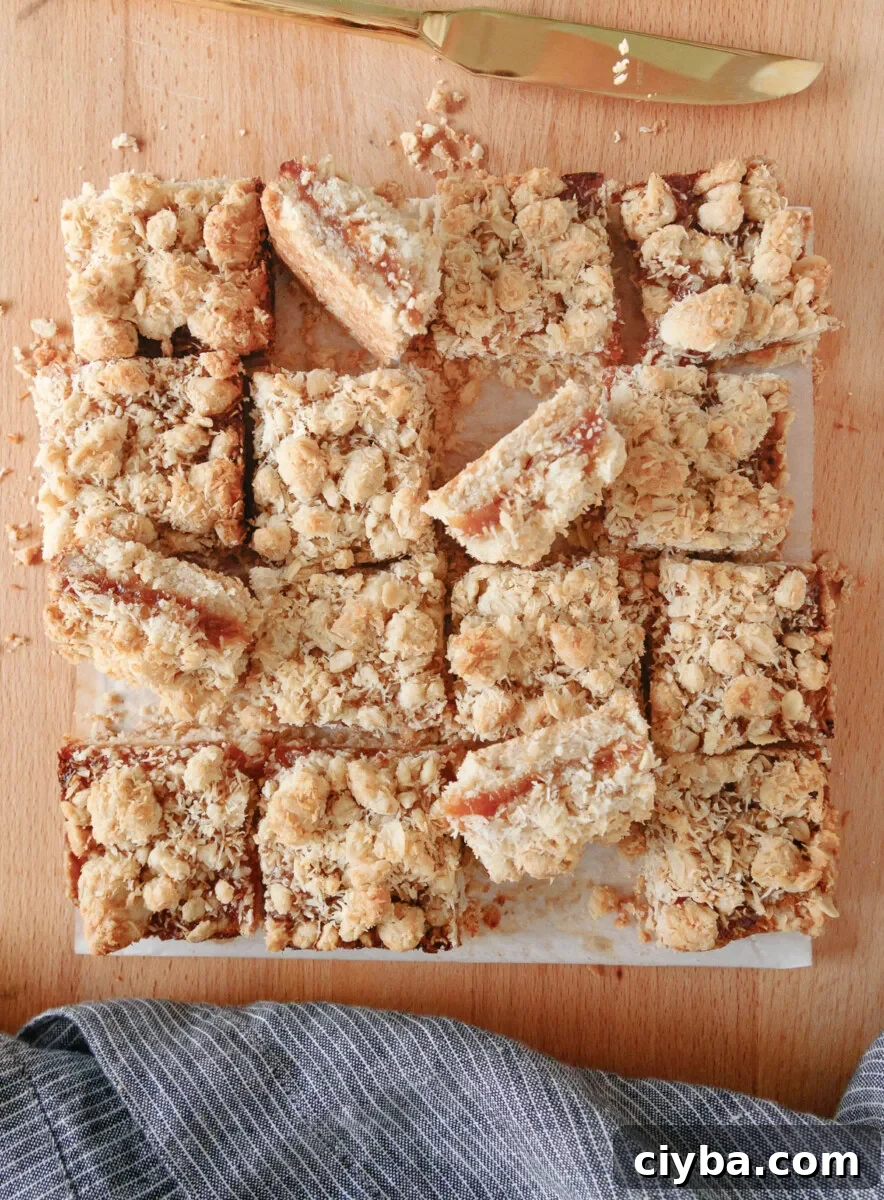 Coconut Peach Crumb Bars Recipe 9 overhead photo of the cut coconut peach crumb bars
