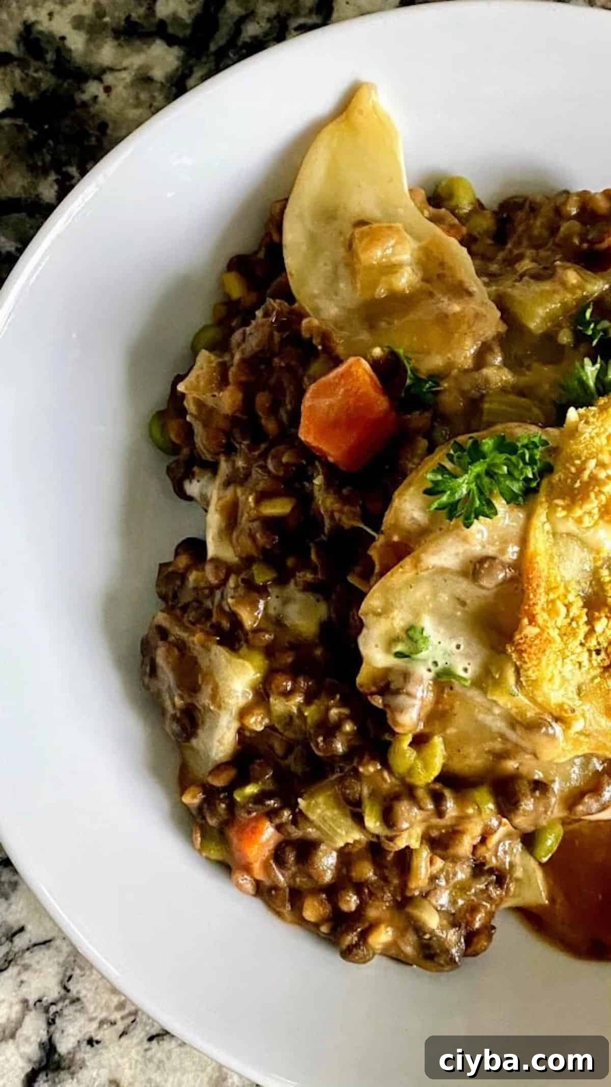 Hearty Vegan Shepherd's Pie with Lentils and Mushrooms 3 Vegan shepherd's pie recipe in a bowl on the table.