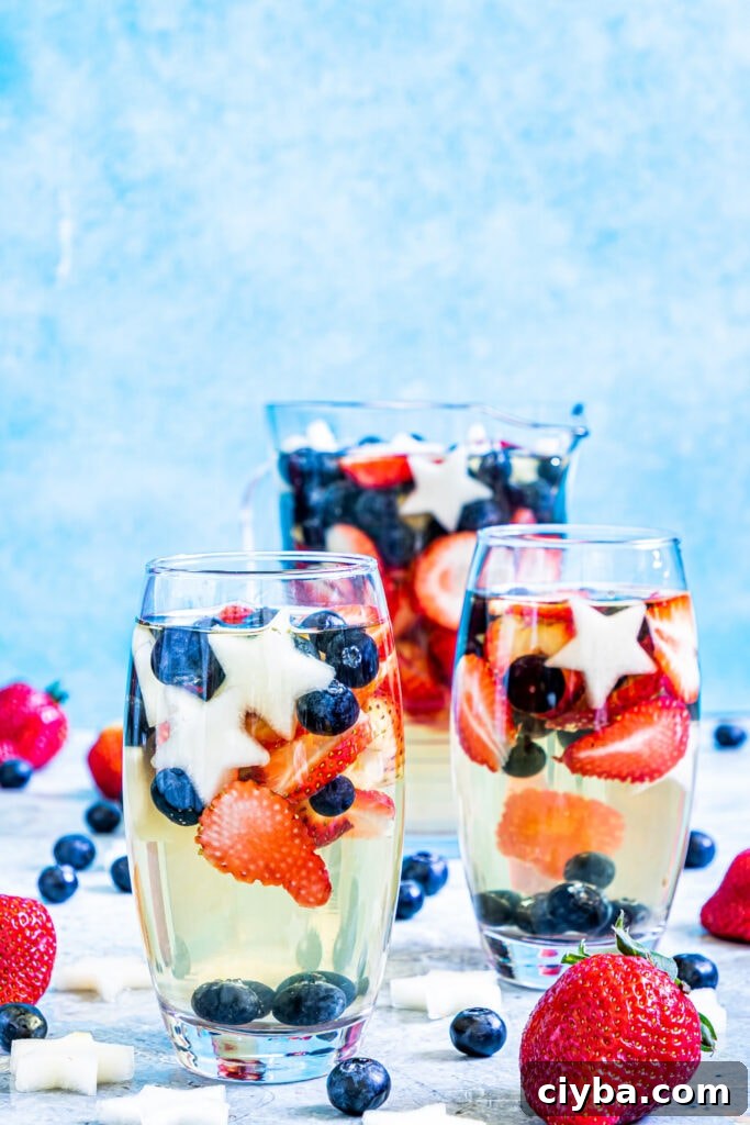Patriotic sangria in glasses and a pitcher