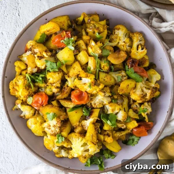 An overhead image of aloo gobi masala served in a bowl