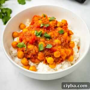 An overhead image of chana masala in a bowl