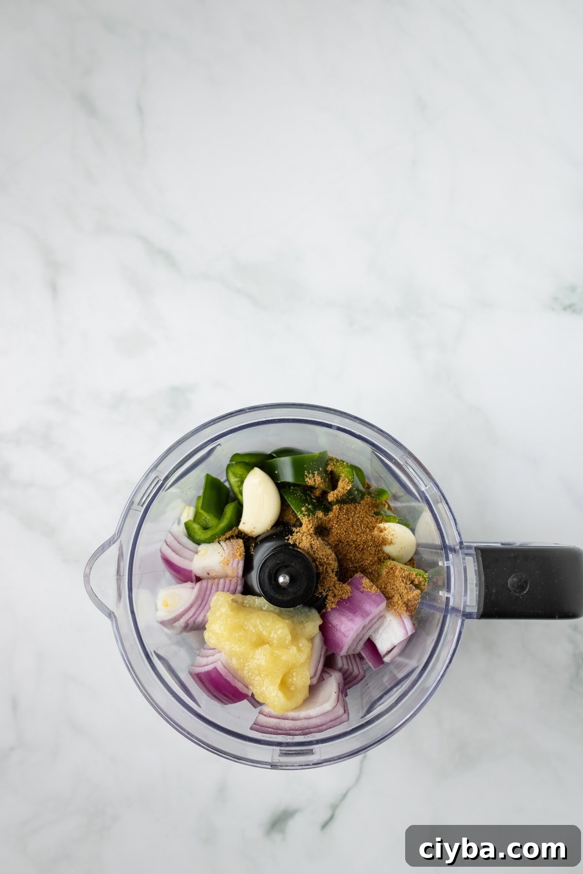 An overhead image of combining ginger paste, onions, jalapeno, and spices in a food processor.