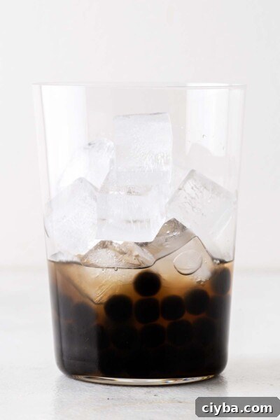 Ice and tapioca balls in a cup.