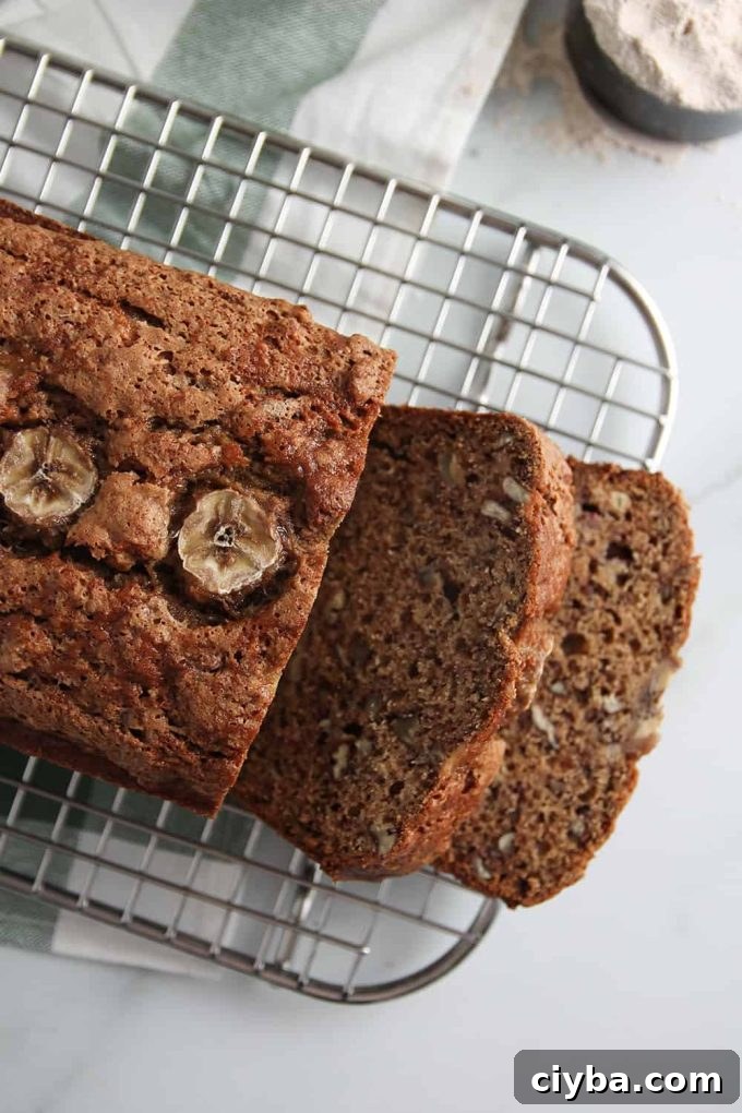 Aerial photo of vegan sourdough banana bread.