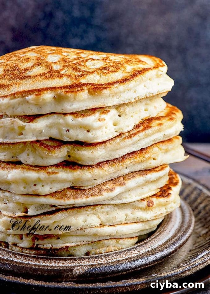 A stack of sourdough discard pancakes.