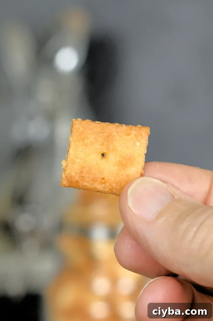 Fingers holding a sourdough cheese cracker.