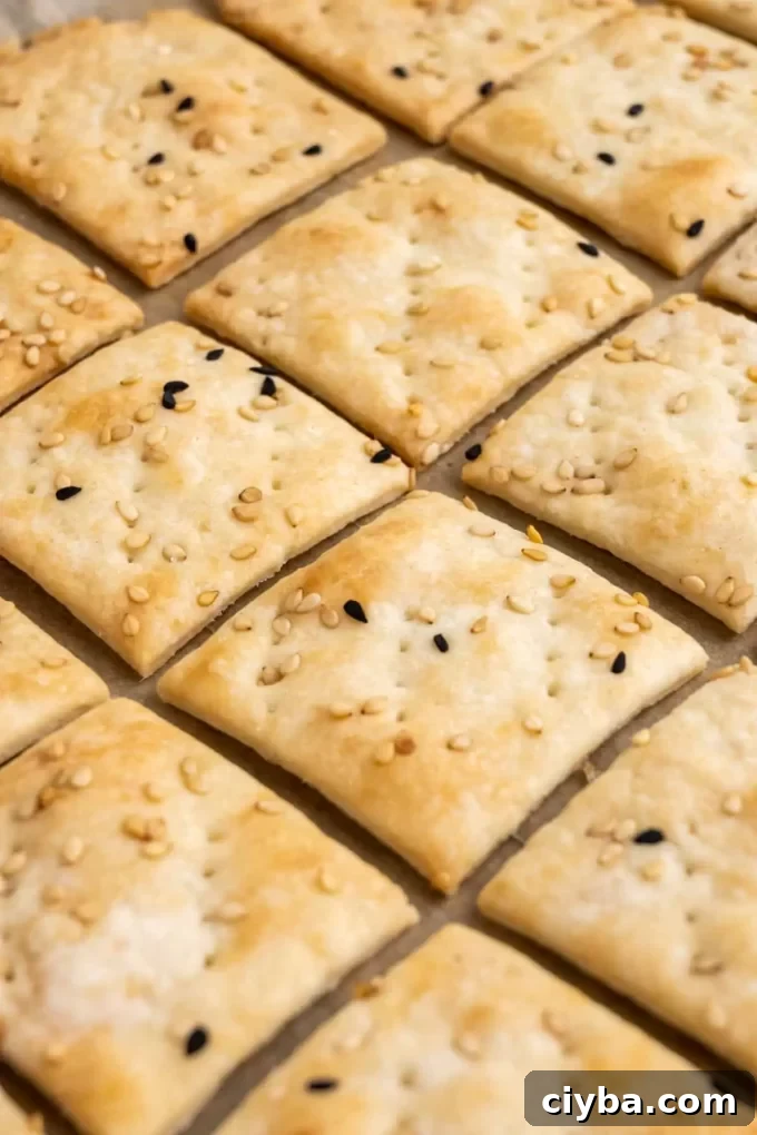 Sourdough crackers sliced into squares.