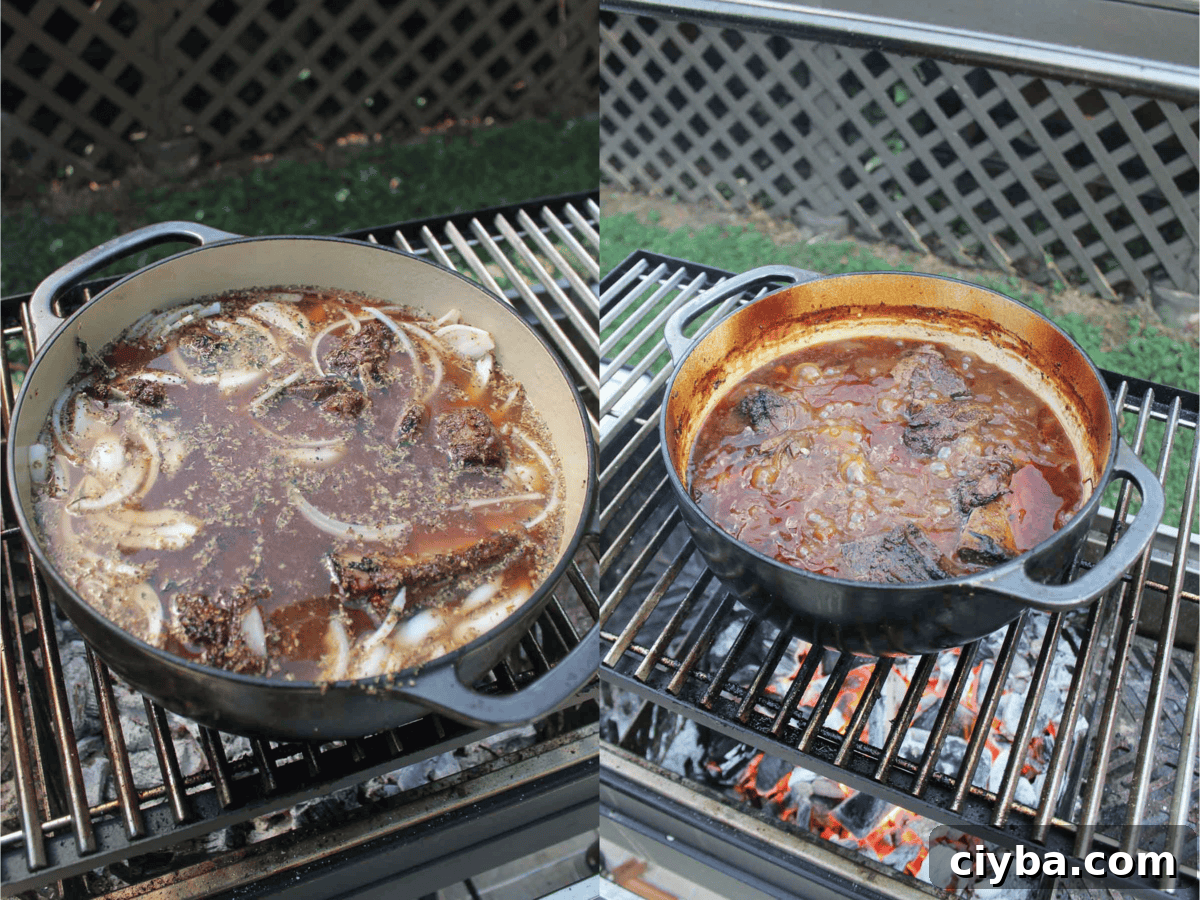 The beef is braised in a savory beef stock liquid. 