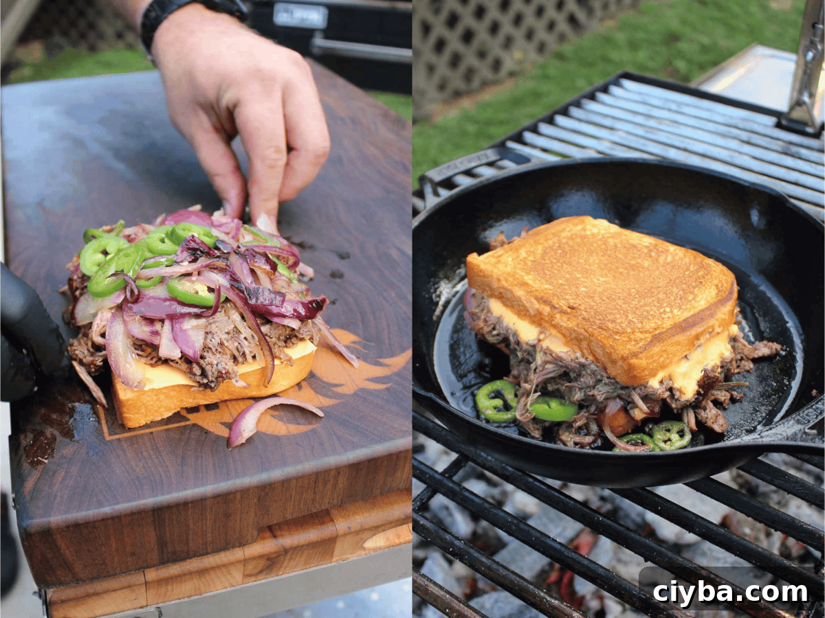 The beef patty melt is assembled and toasted. 