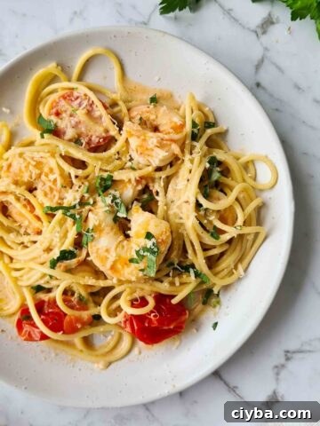 full plate of creamy garlic prawn pasta