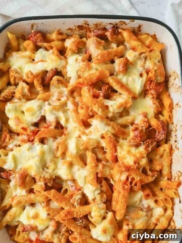 A tray of chicken and chorizo pasta bake straight out of the oven