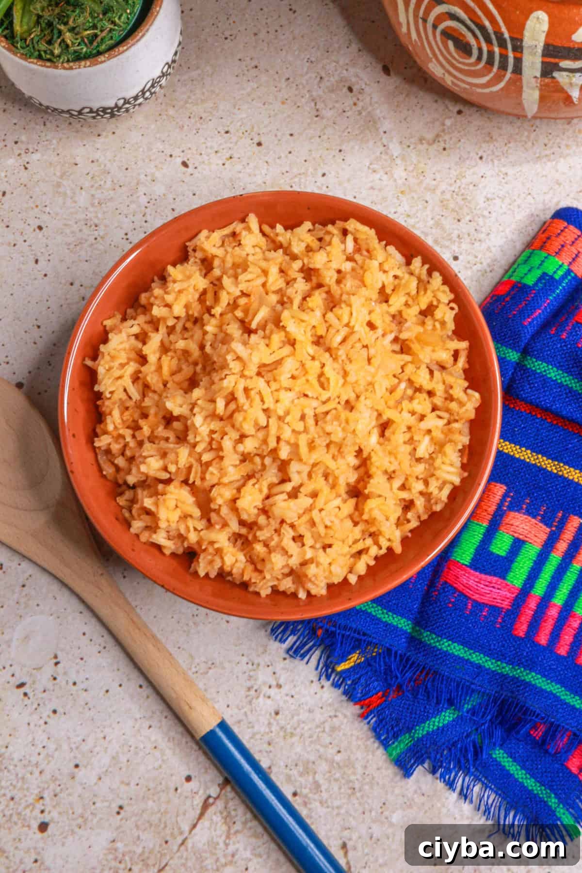 Top view of arroz rojo (Mexican red rice) in a bowl