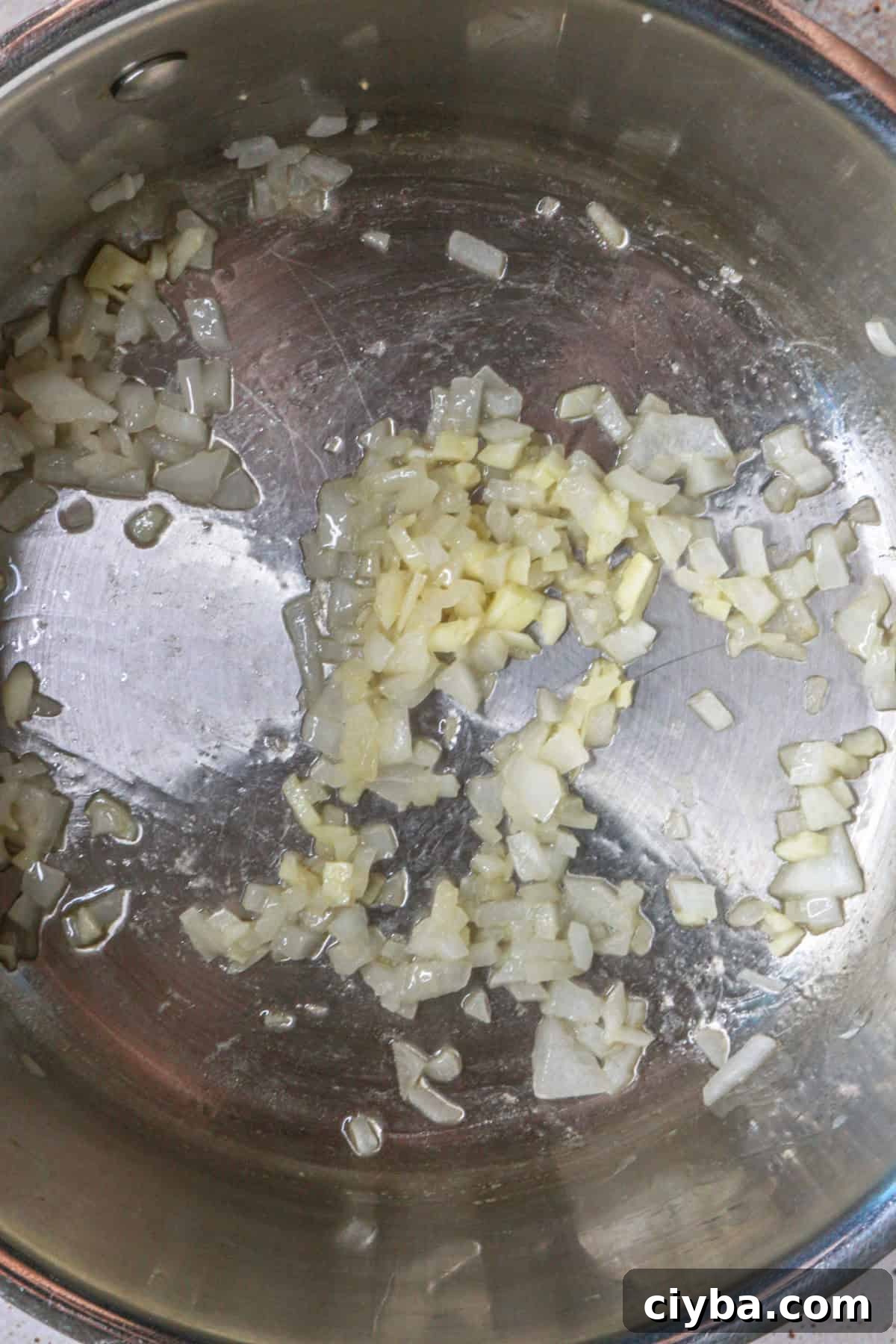 Saute onion and garlic in pan