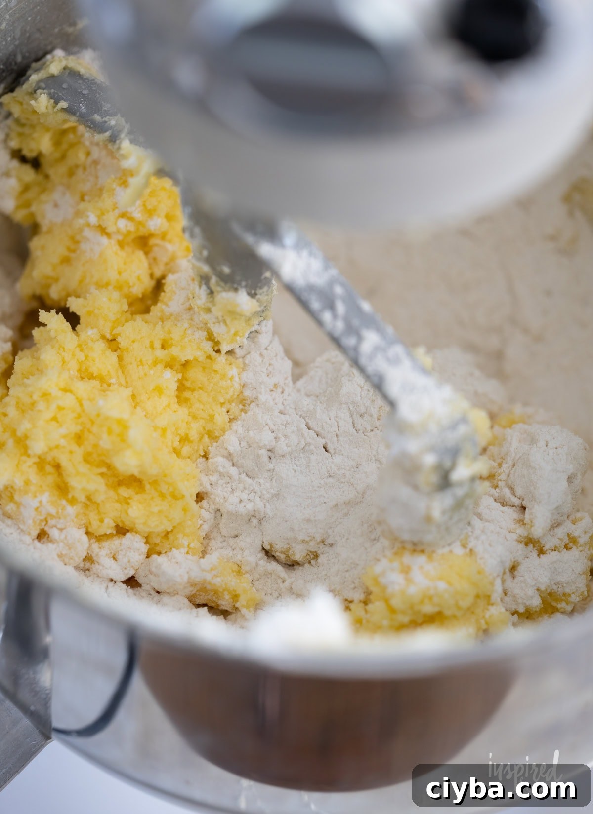 sugar cookie dough in mixing bowl. 