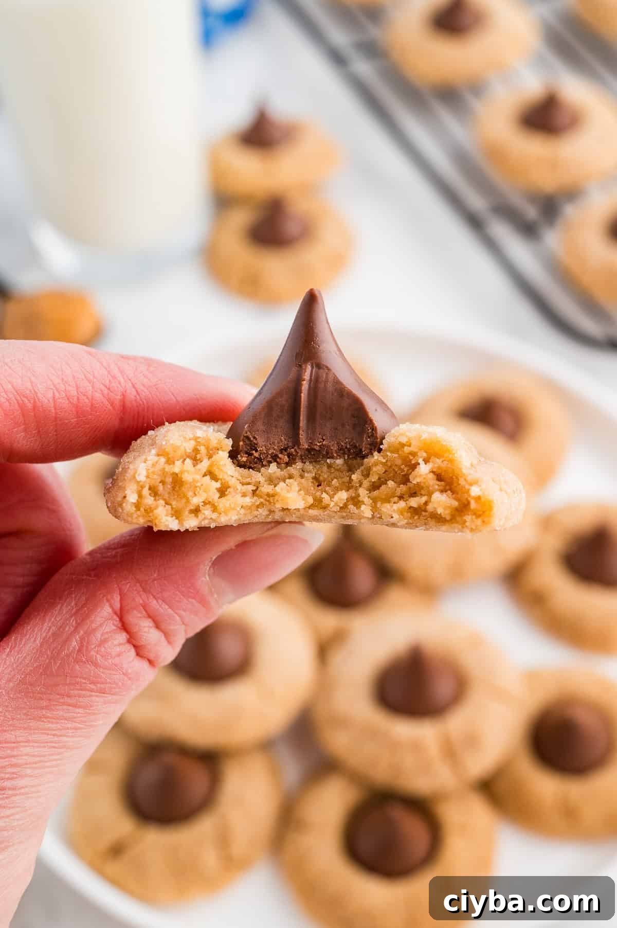 Gluten-Free Peanut Butter Blossoms with Dairy-Free Option 11 Easy Gluten Free Peanut Butter Blossoms (Dairy Free Option Too!) in a hand with a bite taken out