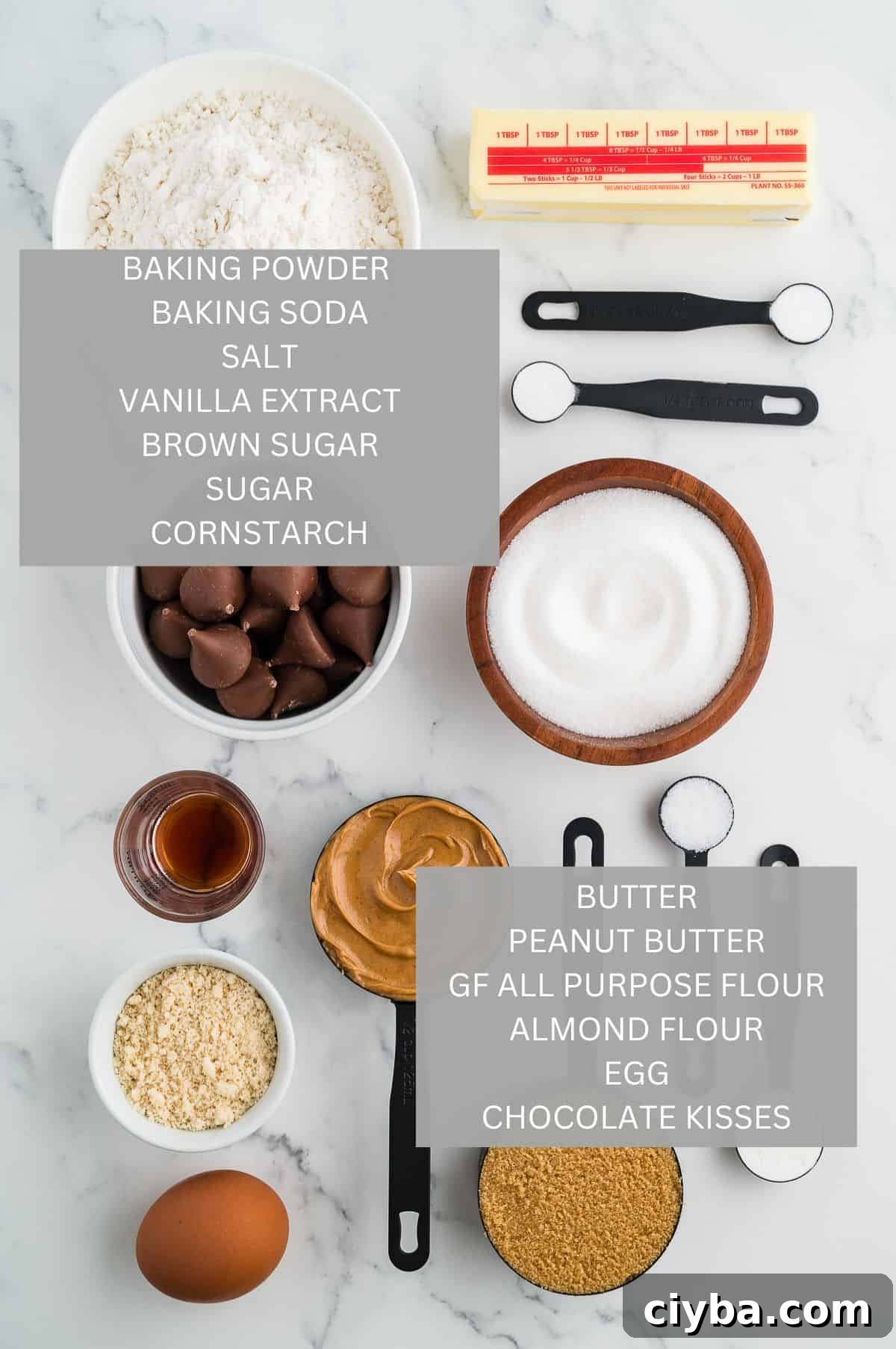 Gluten-Free Peanut Butter Blossoms with Dairy-Free Option 4 Easy Gluten Free Peanut Butter Blossoms (Dairy Free Option Too!) ingredients