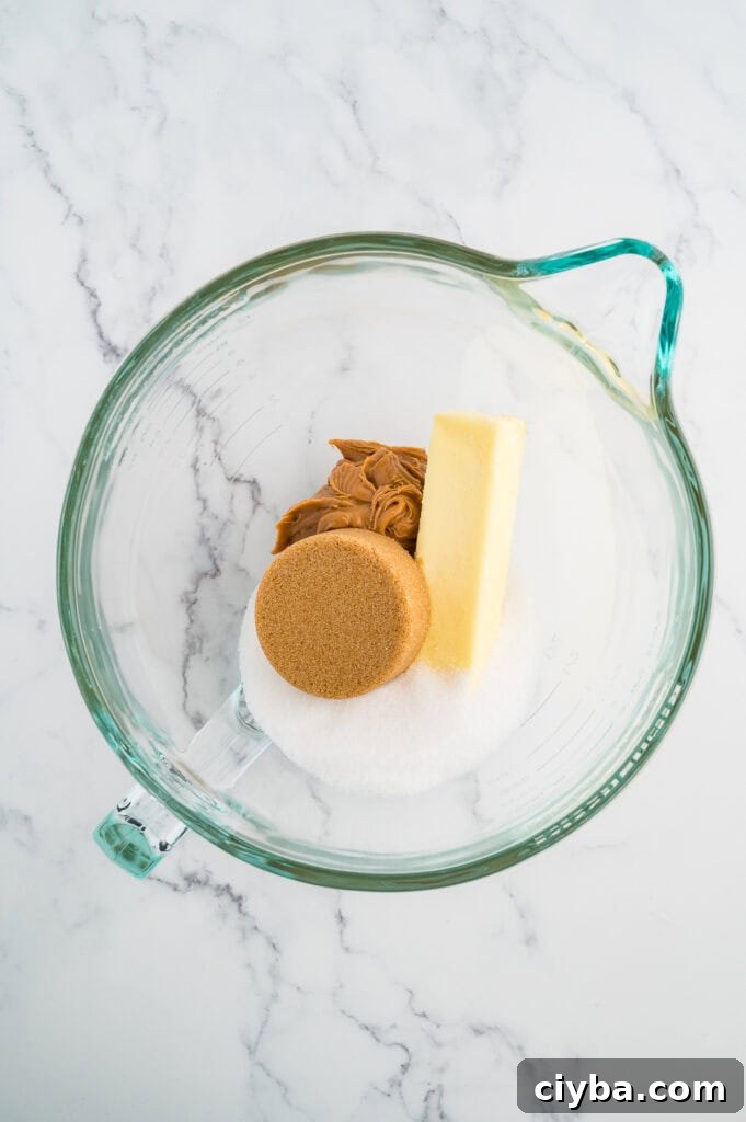 Gluten-Free Peanut Butter Blossoms with Dairy-Free Option 5 Easy Gluten Free Peanut Butter Blossoms (Dairy Free Option Too!) peanut butter, butter and sugars in a glass bowl