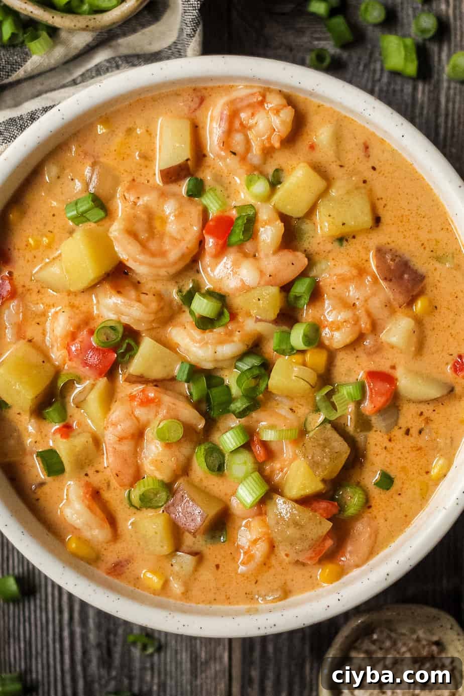 Creamy Cajun Shrimp and Corn Chowder Recipe 8 overhead shot of creamy cajun shrimp and corn chowder in a white bowl on a wooden surface. Bowl of salt and chopped green onions in top left and bottom right of shot.