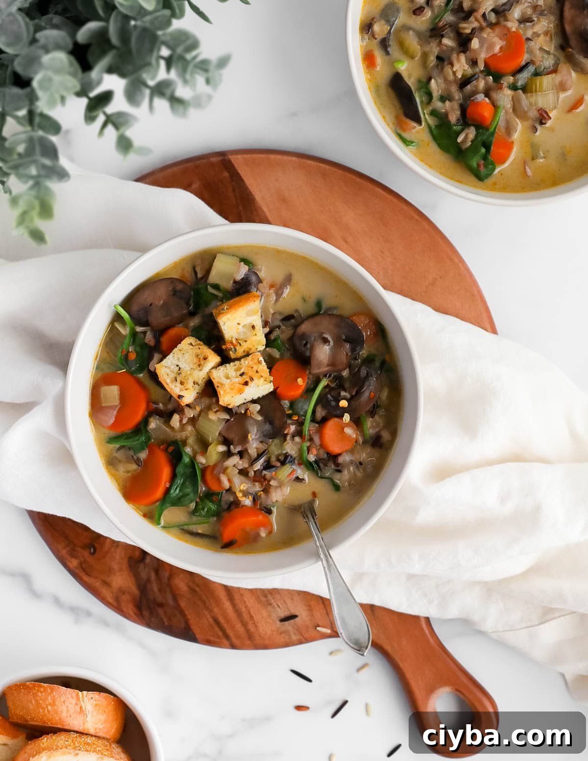 A large white bowl filled with rice and vegetable soup. There is a silver spoon dipped into the soup.