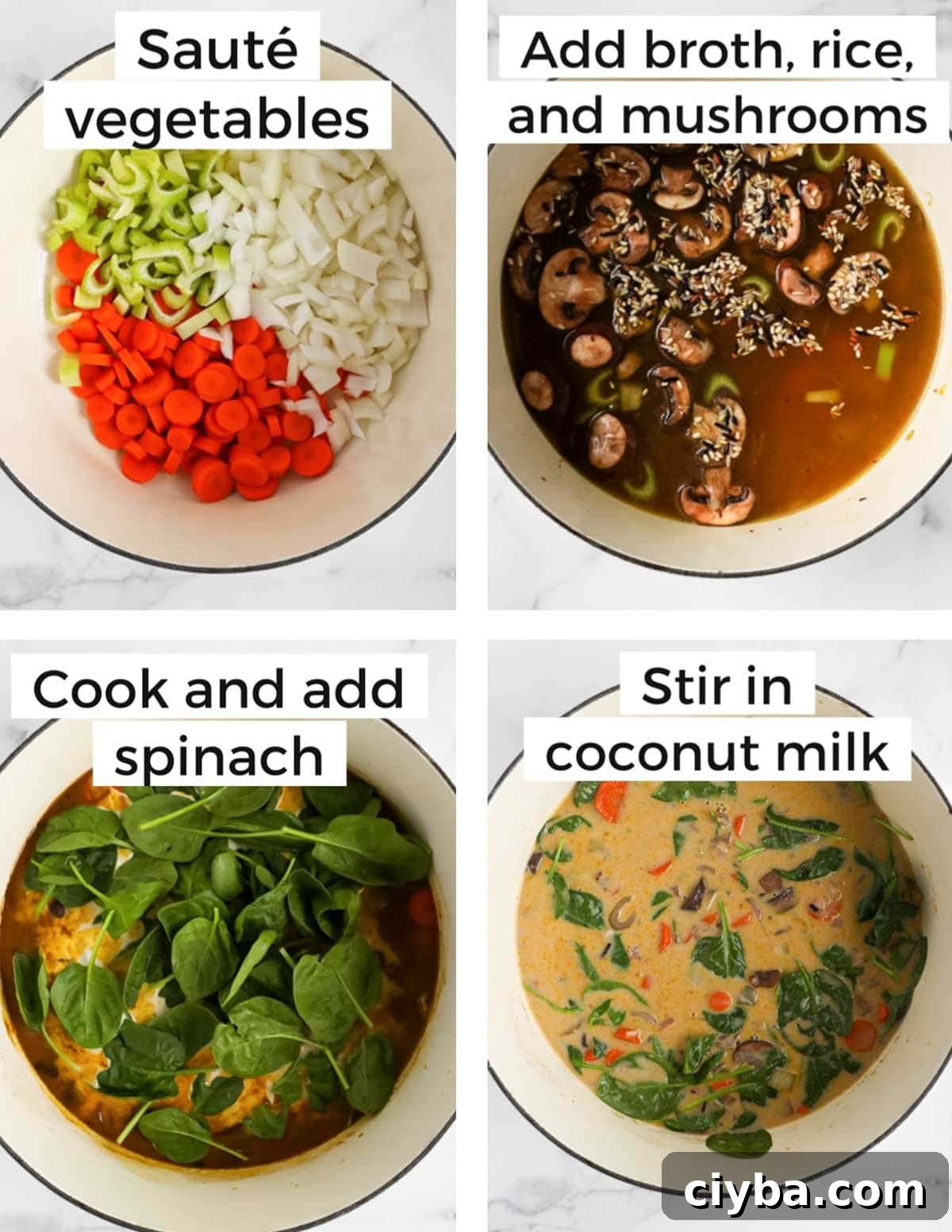 Four pictures in a collage that have labeled on them including: saute vegetables, add broth, rice, and mushrooms, cook and add spinach, stir in coconut milk.