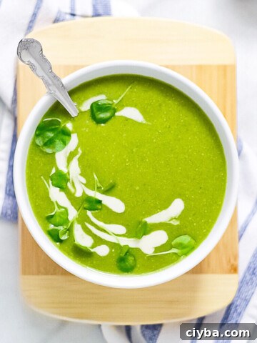 A white bowl filled with green soup, garnished with sprouts and vegan cream