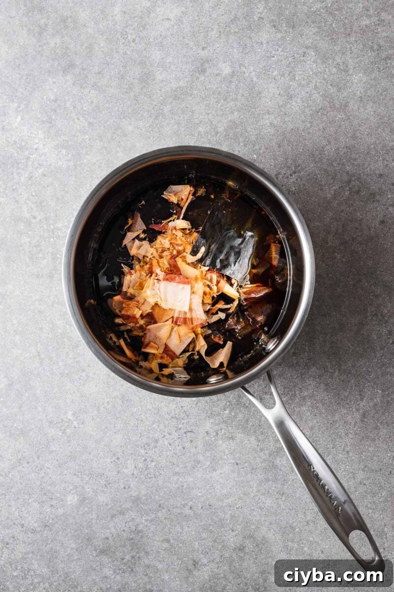 Mentsuyu ingredients in a saucepan before simmering.