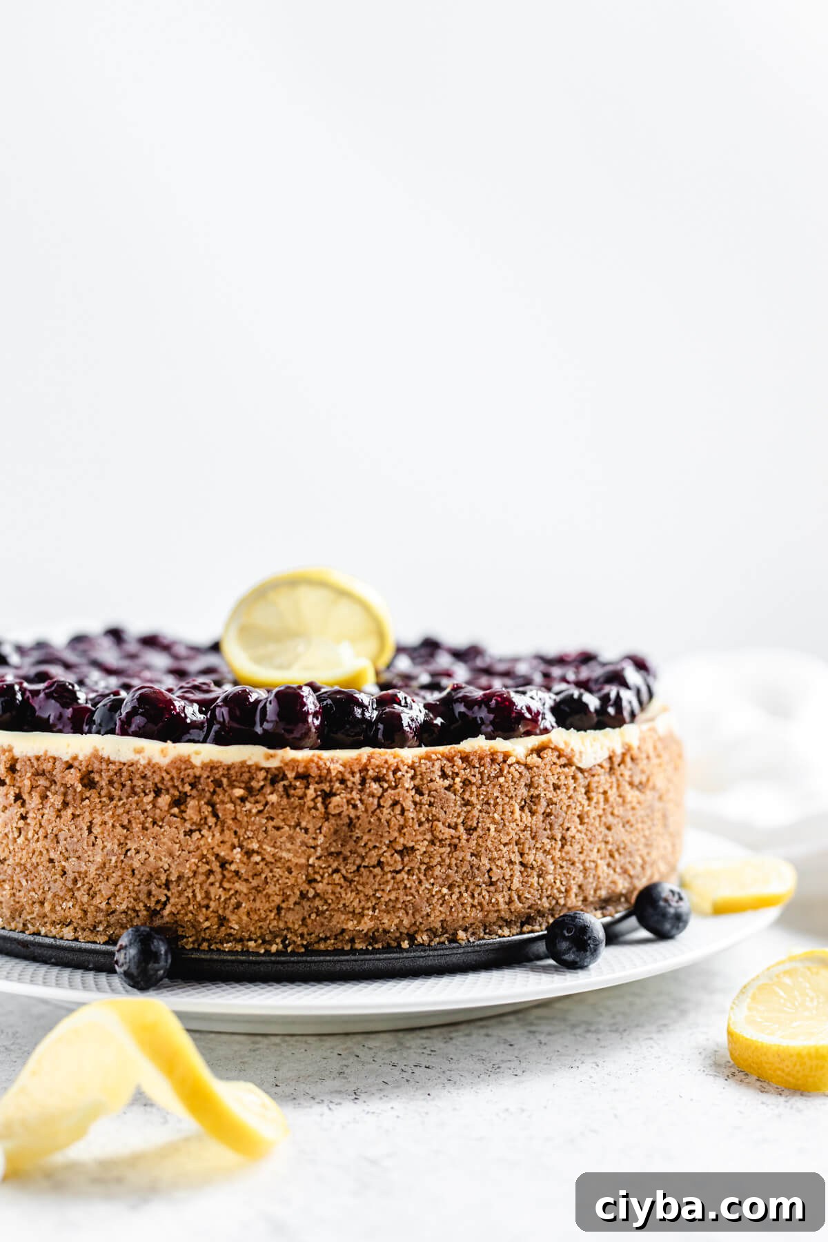 blueberry sauce topped cheesecake on a white plate with fresh blueberries and lemon slices in front of it