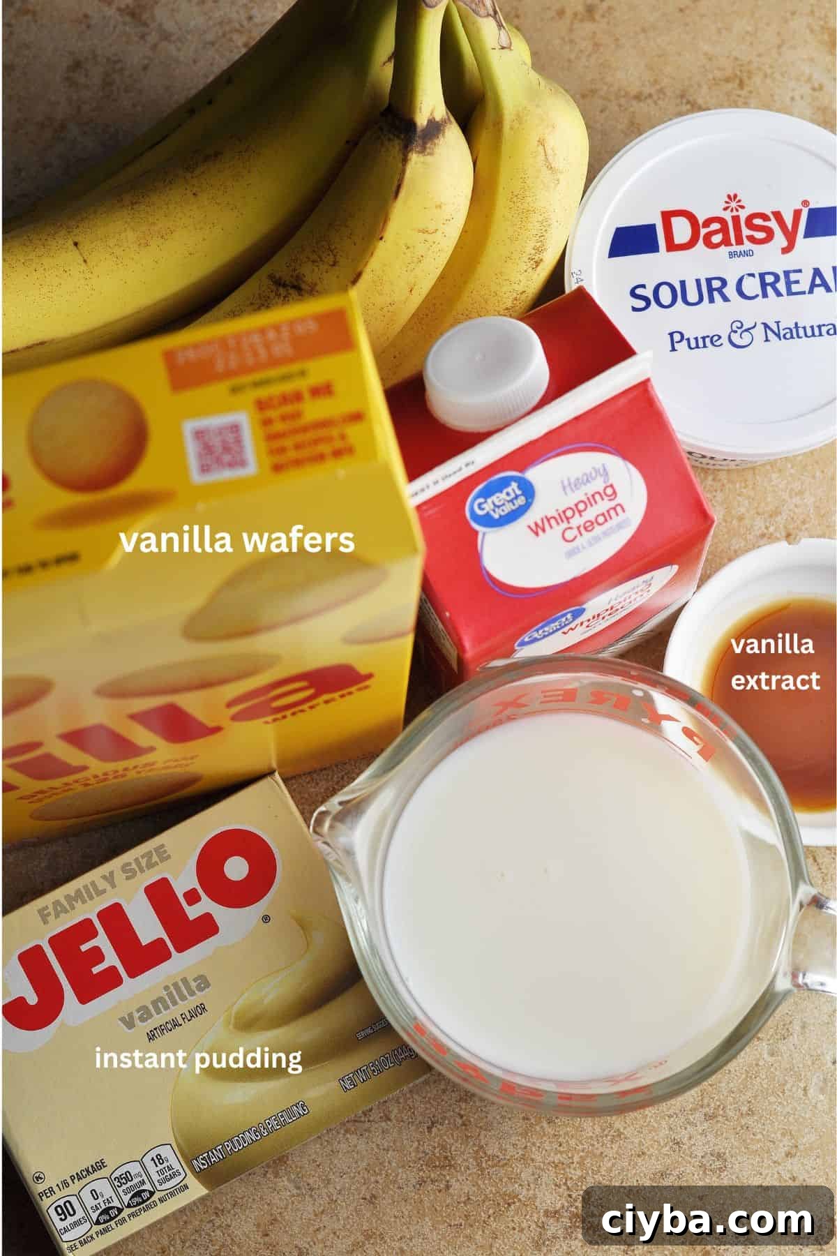 Ingredients for banana pudding laid out on a counter