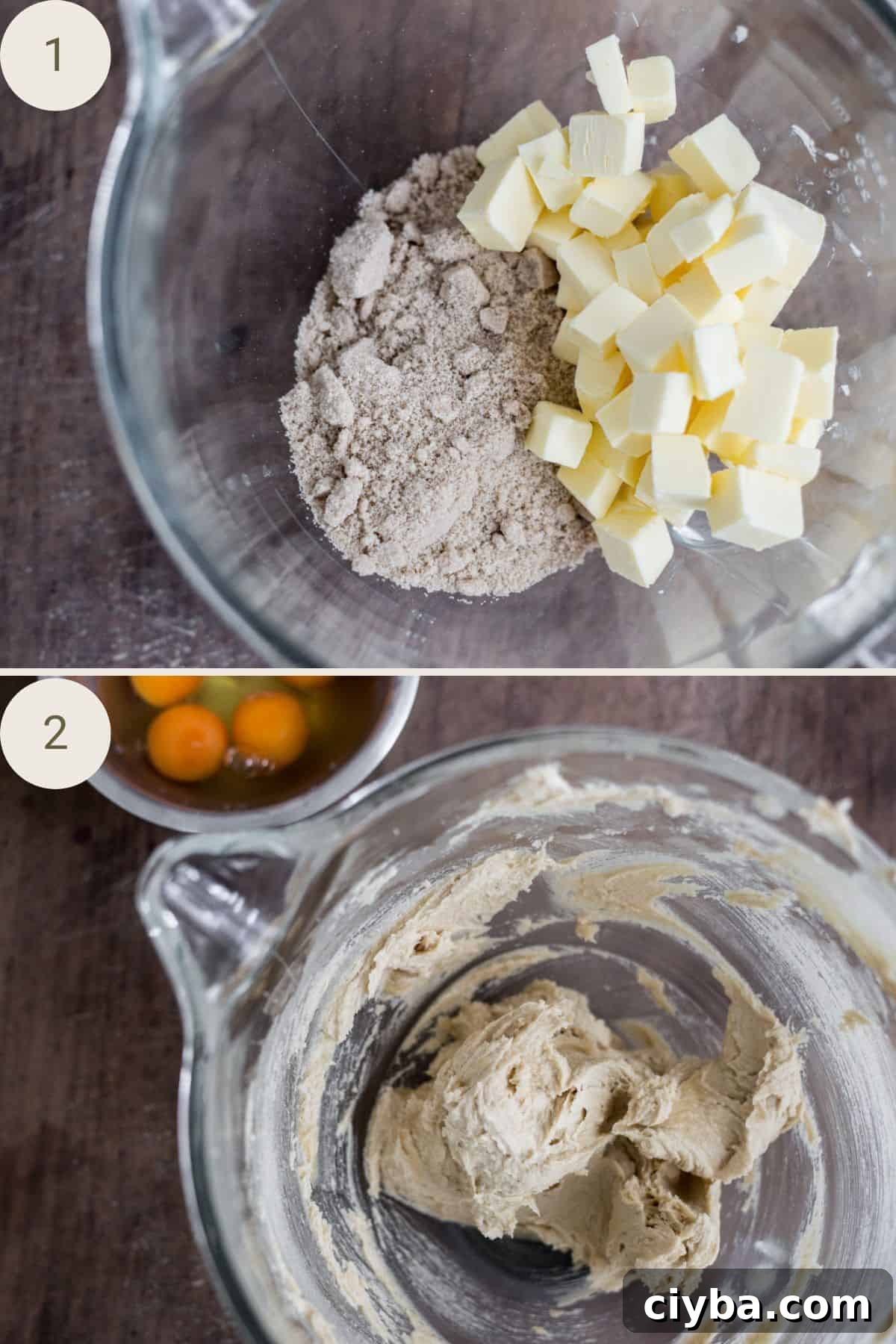butter and sugar creamed in mixing bowl.