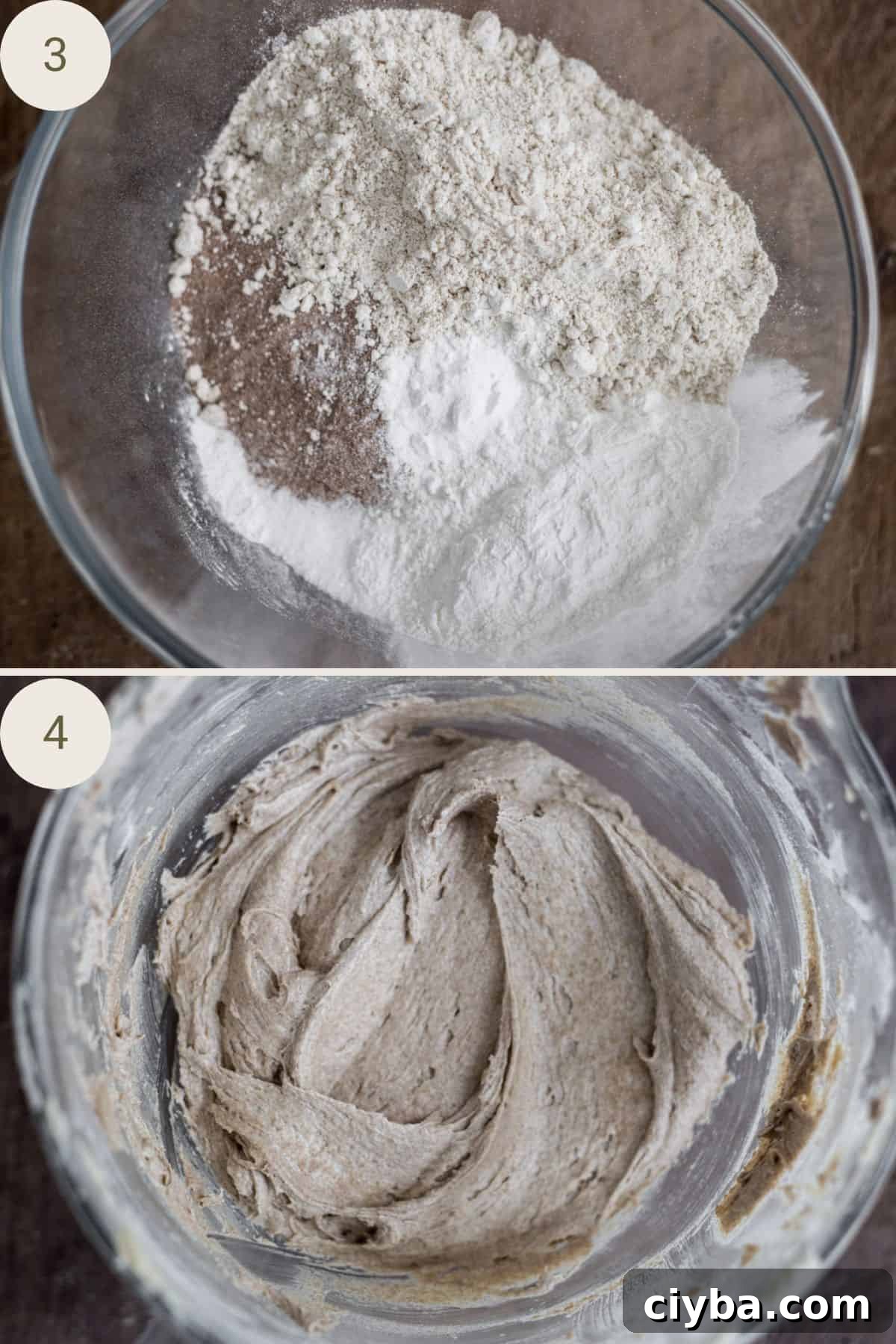 gluten-free flours mixed in bowl and then added to the rest of the batter until smooth.