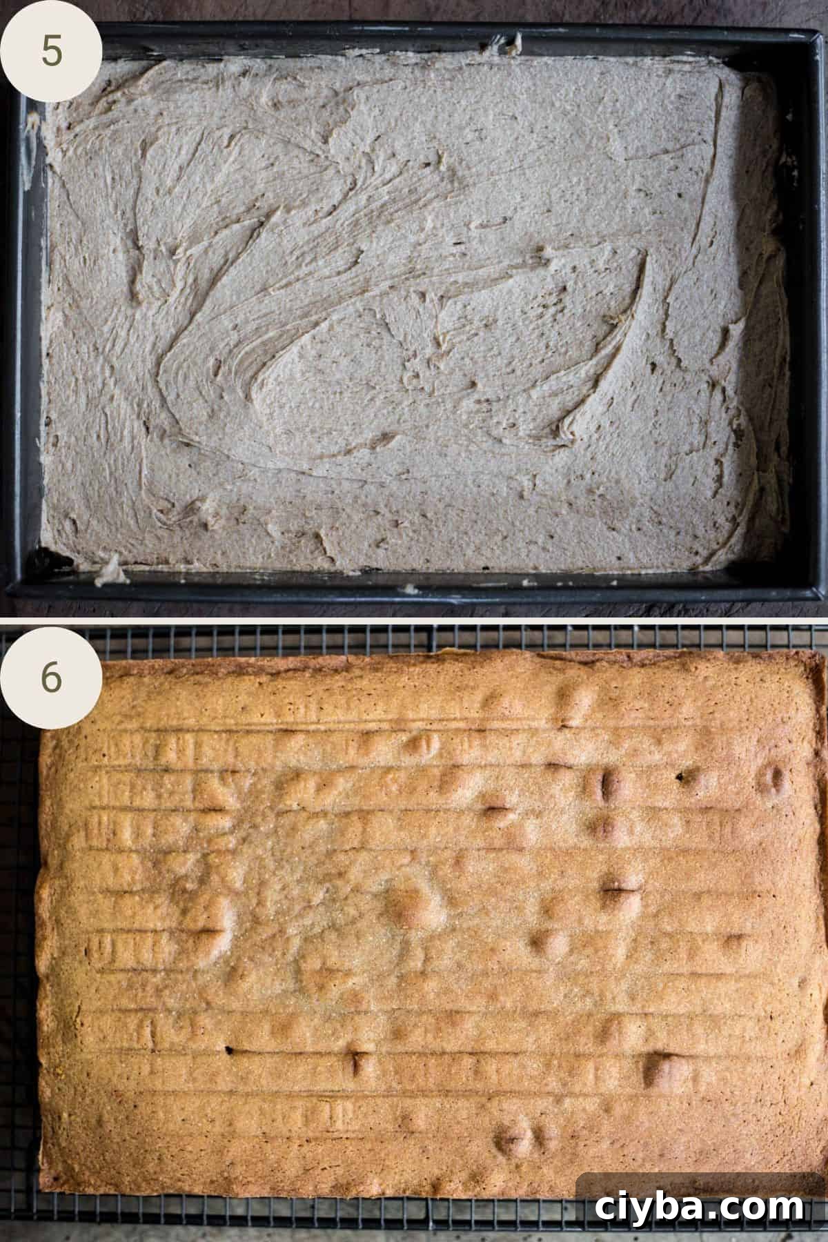 Caramel cake in baking tin before and after baking.