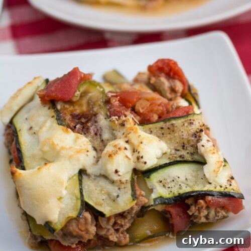 Slice of zucchini lasagna on a plate.