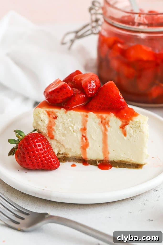 gluten-free strawberry cheesecake with strawberry topping