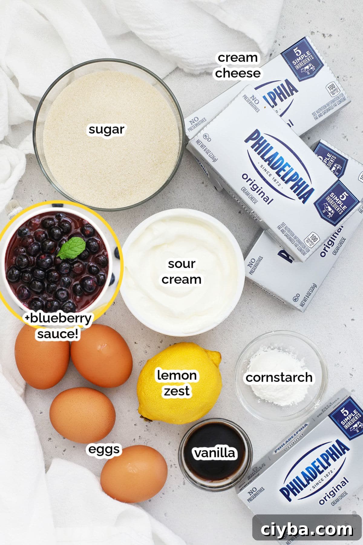 ingredients for gluten-free blueberry cheesecake