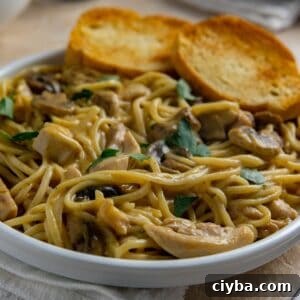 Southern Chicken Tetrazzini in a white bowl with two pieces of toasted buttered bread slices.