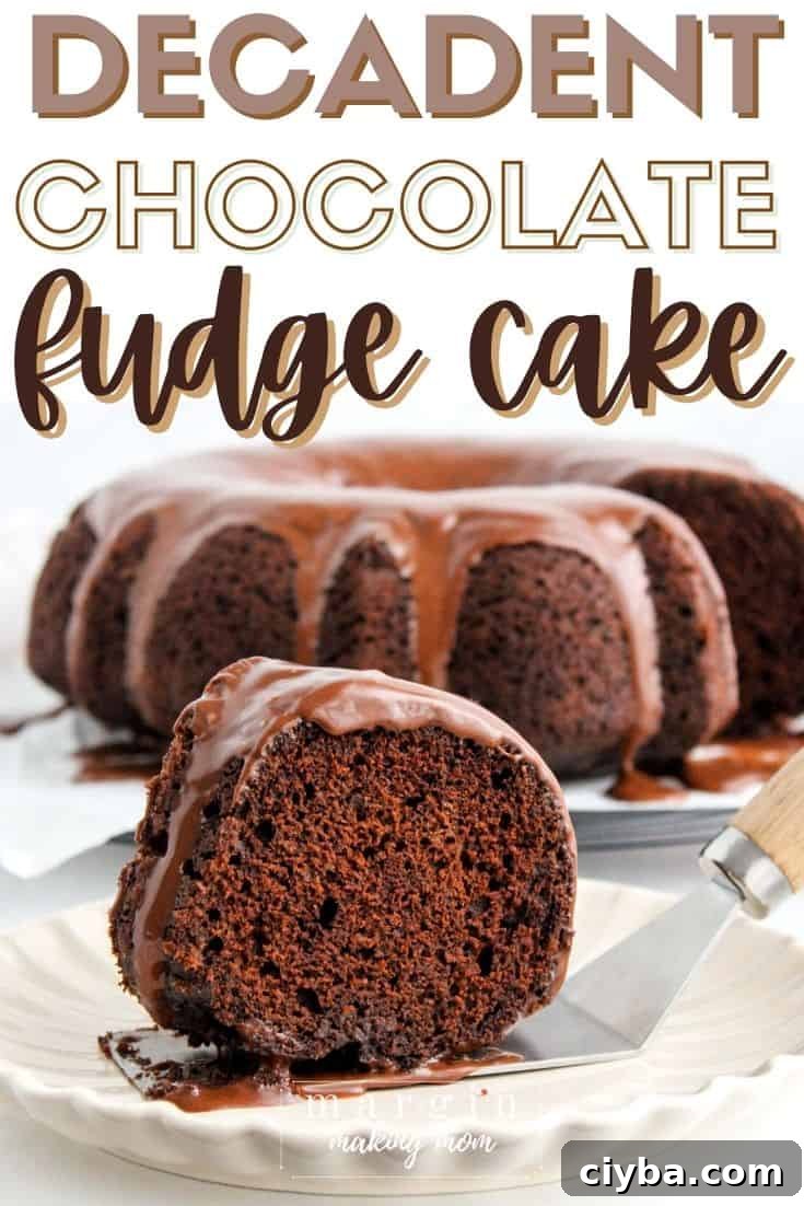How to Make a Decadent Chocolate Fudge Cake 2 chocolate fudge cake in the background, with a slice removed and plated in the foreground