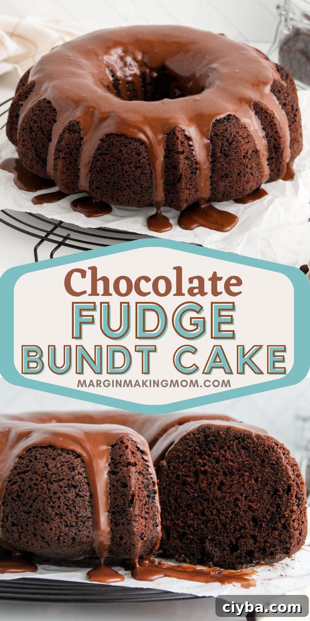 How to Make a Decadent Chocolate Fudge Cake 16 two photos; one shows a chocolate fudge bundt cake with chocolate icing; the other shows a slice cut out from the cake